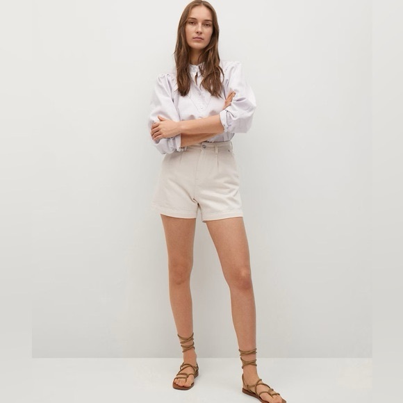 MANGO Regina Pleat Front High Rise Cotton Denim Short Cream - Picture 4 of 15
